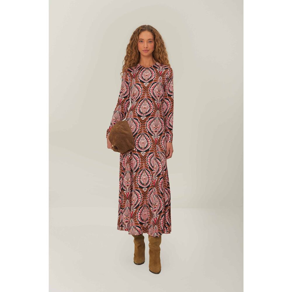 Farm Rio NWT Pineapple Jewelry Midi Dress Brown Pink Print Size Small